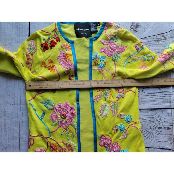 Michael Simon Cotton Embroidered Ribbon Neon Green Open front Cardigan M READ - Picture 9 of 13